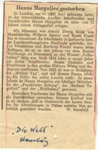Obituary of Hans Margulies, 'Die Welt'